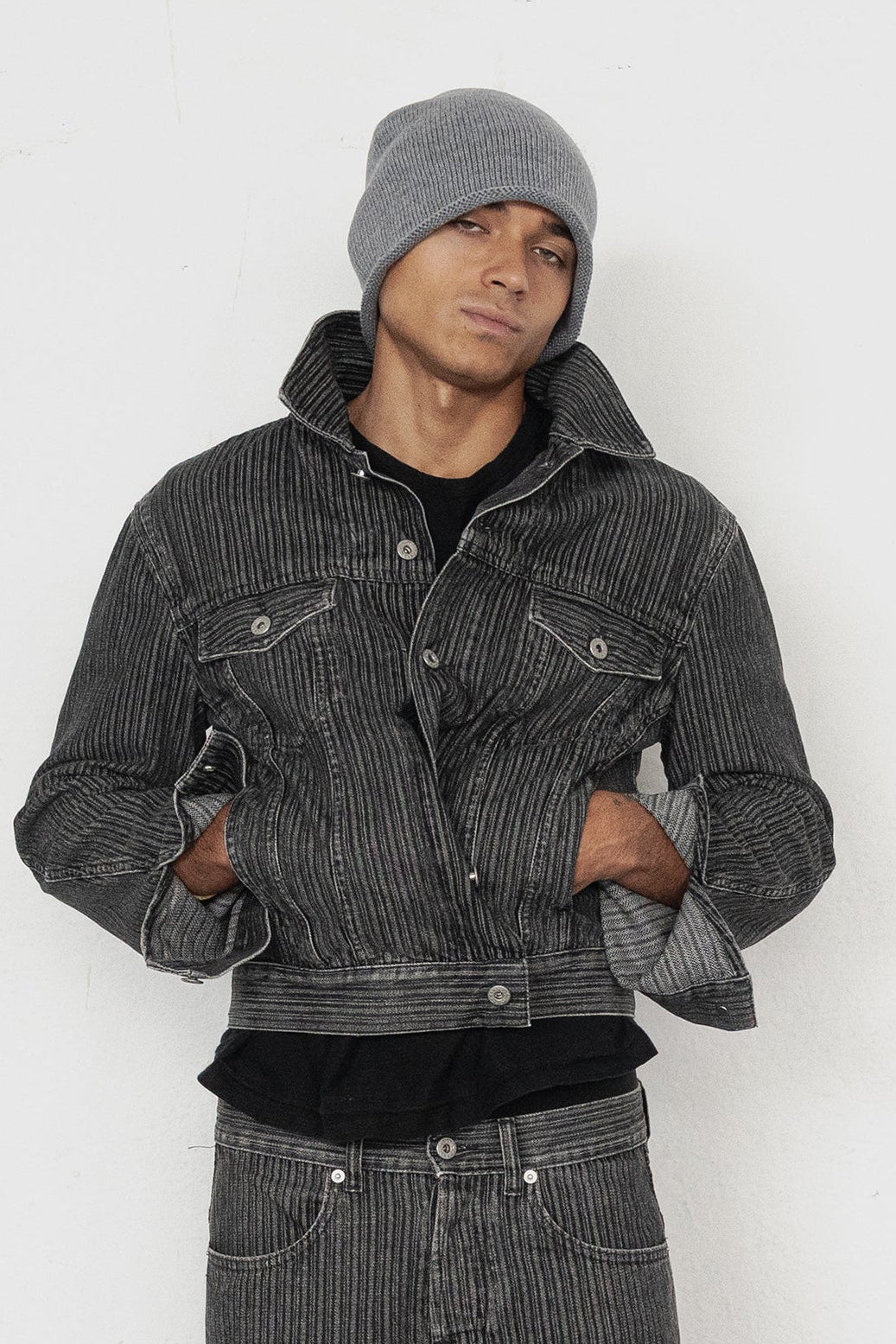 VERTICAL SLUB ACID WASHED TWISTED CHARCOAL DENIM - JACKET