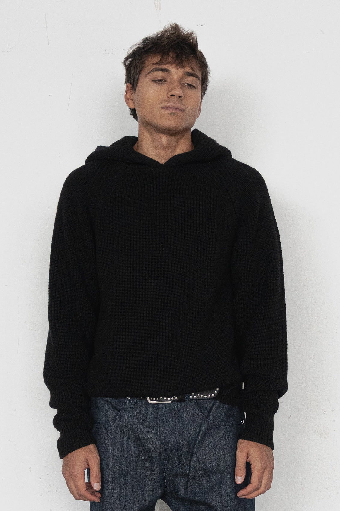 HEAVY RIB ITALIAN WOOL HOODIE - BLACK